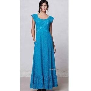 Anthropologie Flounced Lace Blue Maxi Dress by Mirror of Venus Size 4